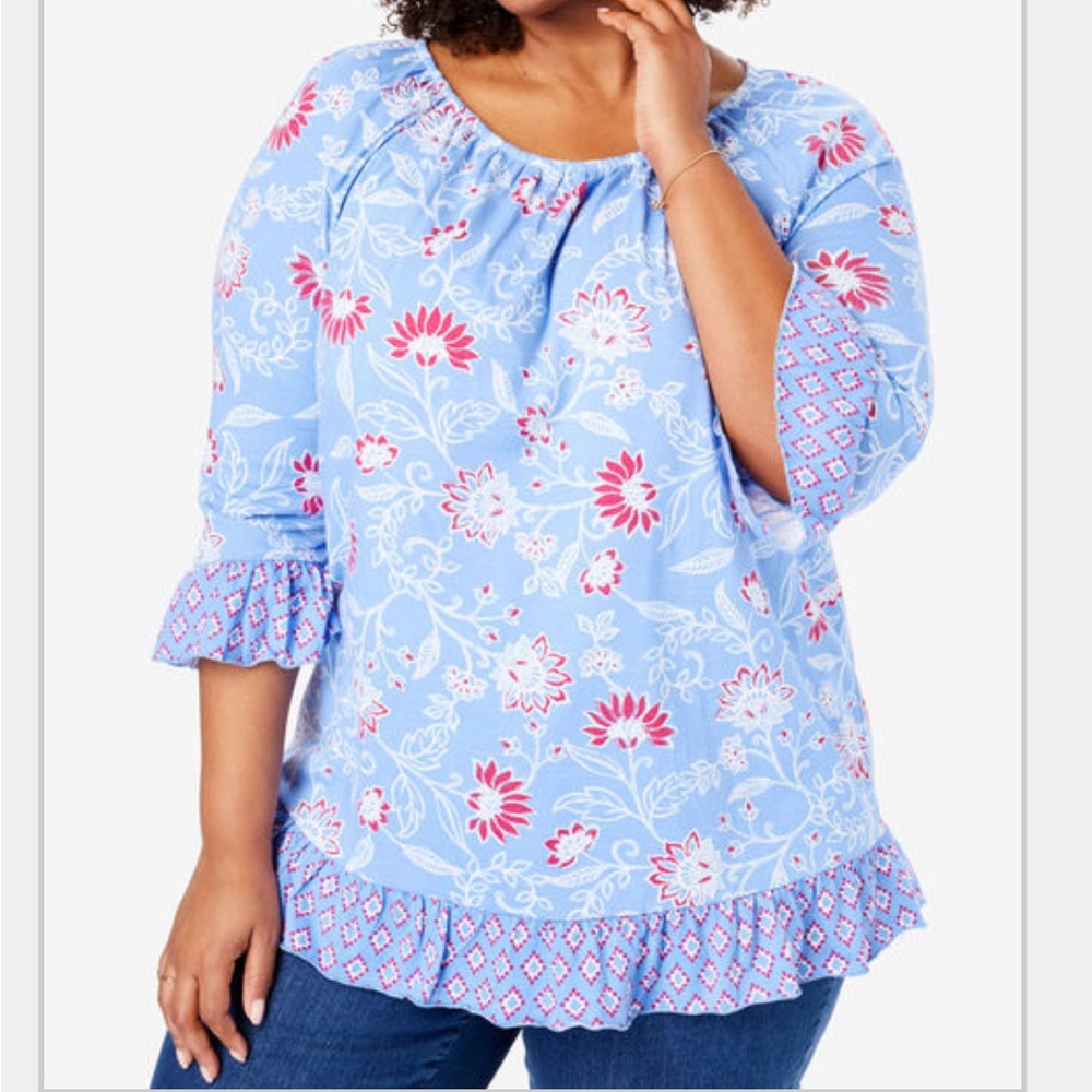 Shirred-Neck Flounced Hem Tee - Size 1X